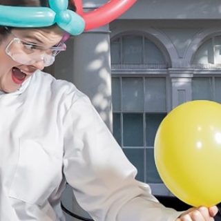 A banner image shows a person dressed in a white lab coat, they hold a balloon and have a menacing face as they look on to pop the balloon. In the background is the Willis Museum in Basingstoke town centre.